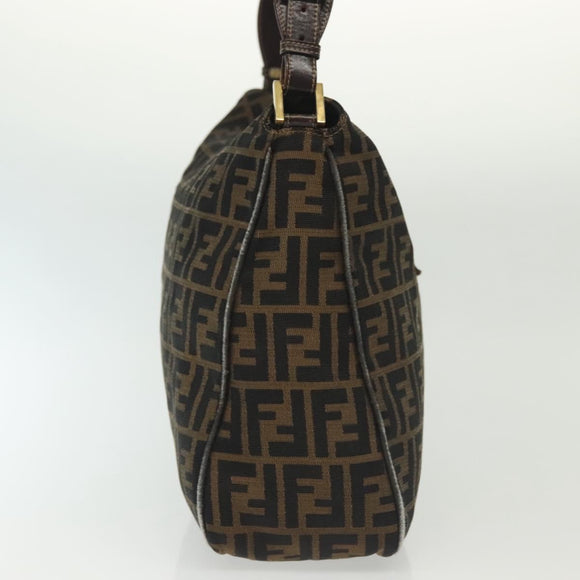 FENDI Zucca Canvas Shoulder Bag Black Brown gold Auth 141407