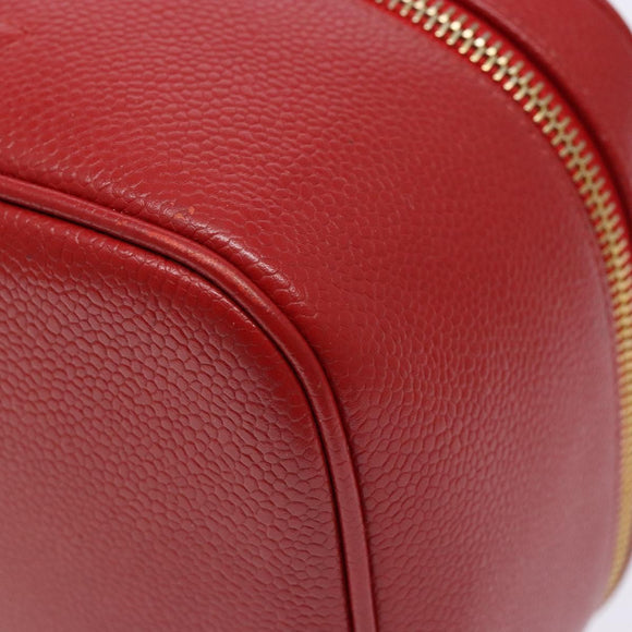 CHANEL Vanity COCO Mark Cosmetic Pouch Caviar Skin Red Gold CC Auth 141426