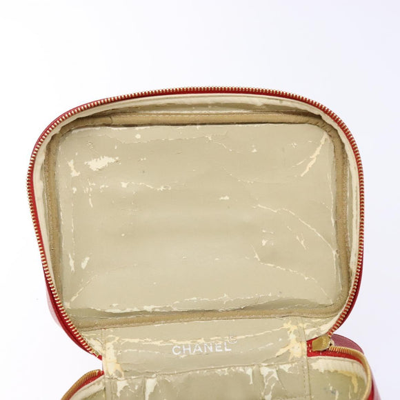 CHANEL Vanity COCO Mark Cosmetic Pouch Caviar Skin Red Gold CC Auth 141426