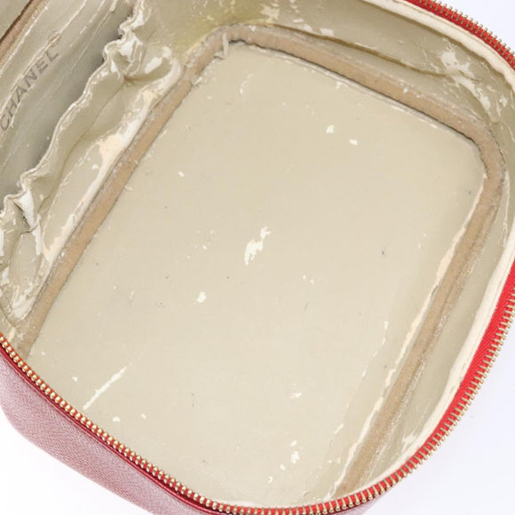CHANEL Vanity COCO Mark Cosmetic Pouch Caviar Skin Red Gold CC Auth 141426