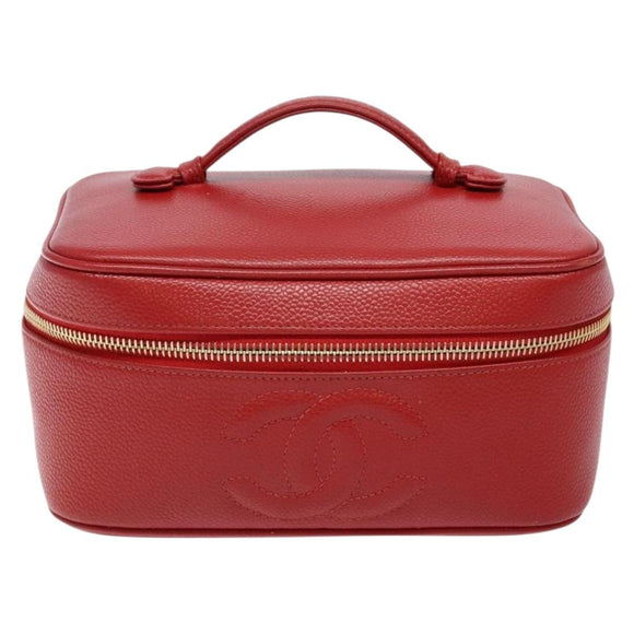 CHANEL Vanity COCO Mark Cosmetic Pouch Caviar Skin Red Gold CC Auth 141426