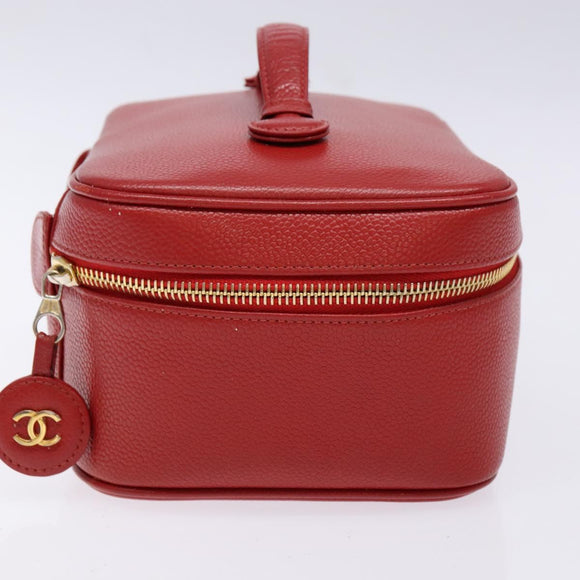 CHANEL Vanity COCO Mark Cosmetic Pouch Caviar Skin Red Gold CC Auth 141426