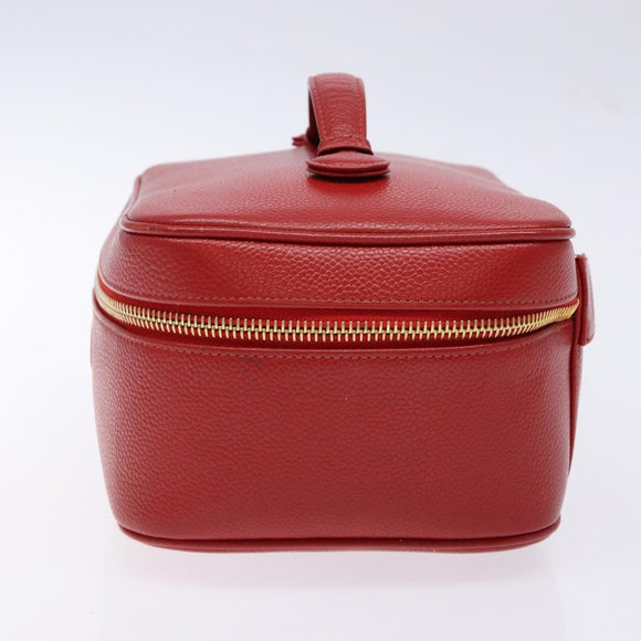 CHANEL Vanity COCO Mark Cosmetic Pouch Caviar Skin Red Gold CC Auth 141426