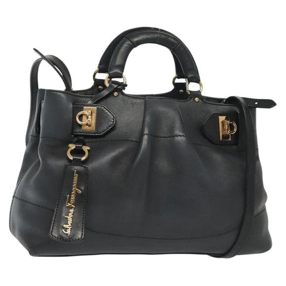 Salvatore Ferragamo Gancini Hand Bag Leather 2way Navy Gold Auth 141427