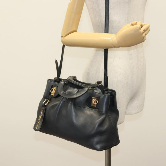Salvatore Ferragamo Gancini Hand Bag Leather 2way Navy Gold Auth 141427
