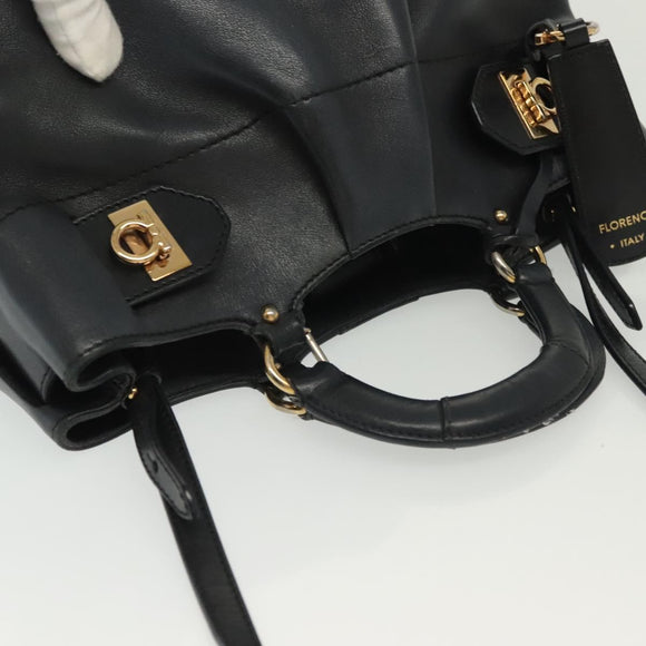 Salvatore Ferragamo Gancini Hand Bag Leather 2way Navy Gold Auth 141427