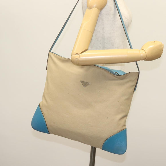 PRADA Shoulder Bag Canvas Beige Silver Auth 141428