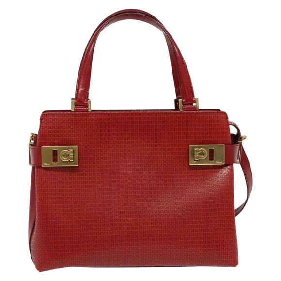 Salvatore Ferragamo Gancini Hand Bag Leather 2way Red Gold Auth 141492