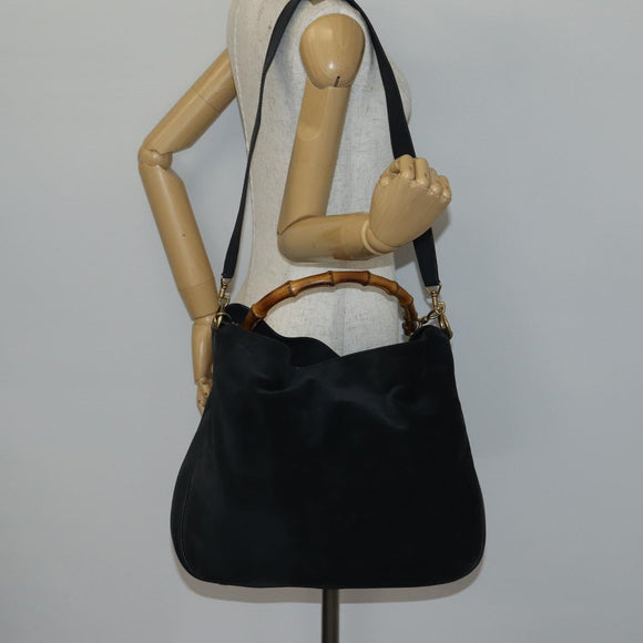 GUCCI Bamboo Shoulder Bag Suede 2way Black Gold 001 1781 1577 Auth 141499