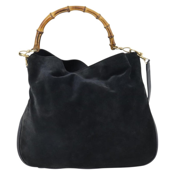 GUCCI Bamboo Shoulder Bag Suede 2way Black Gold 001 1781 1577 Auth 141499