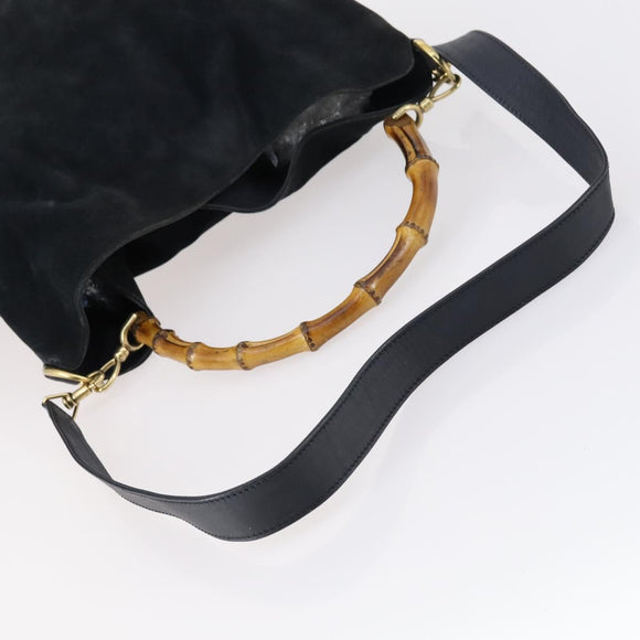 GUCCI Bamboo Shoulder Bag Suede 2way Black Gold 001 1781 1577 Auth 141499