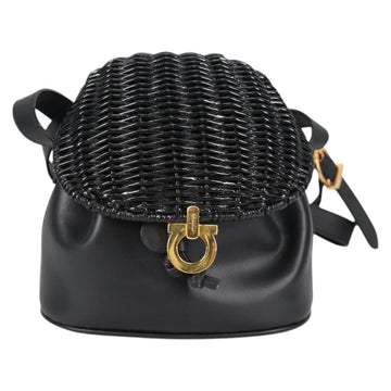 Salvatore Ferragamo Gancini Shoulder Bag Rattan Black Gold Auth 141501V - 0