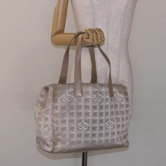 CHANEL New Travel line Hand Bag Nylon Beige Silver CC Auth 141510