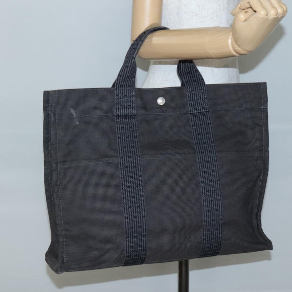 HERMES Her Line MM Hand Bag Canvas Gray Silver Auth 141514