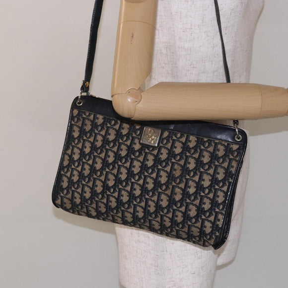Christian Dior Trotter Canvas Shoulder Bag Navy Gold Auth 141525