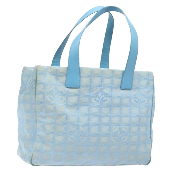 CHANEL New Travel Line Tote Bag Nylon Light Blue Silver CC Auth 141526