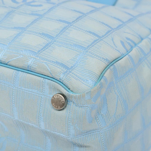 CHANEL New Travel Line Tote Bag Nylon Light Blue Silver CC Auth 141526