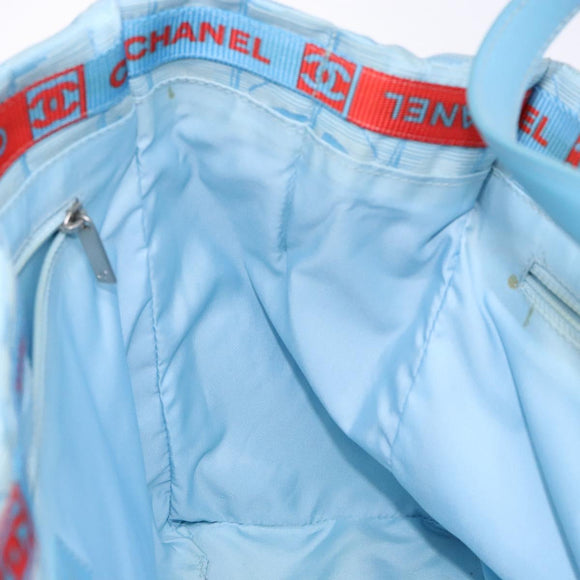 CHANEL New Travel Line Tote Bag Nylon Light Blue Silver CC Auth 141526