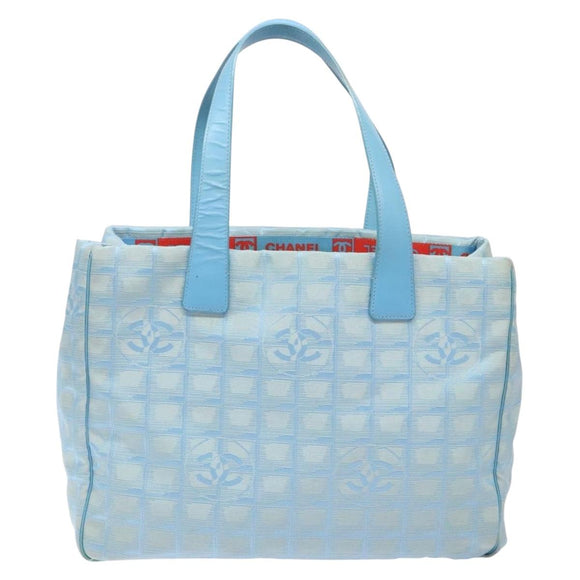CHANEL New Travel Line Tote Bag Nylon Light Blue Silver CC Auth 141526