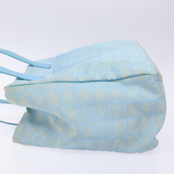 CHANEL New Travel Line Tote Bag Nylon Light Blue Silver CC Auth 141526