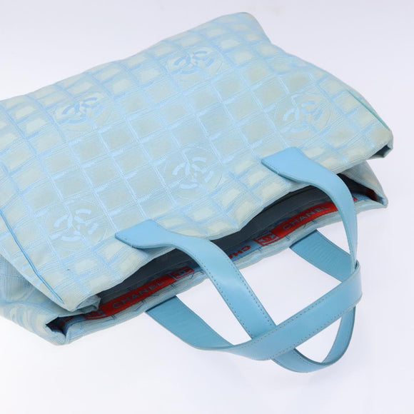 CHANEL New Travel Line Tote Bag Nylon Light Blue Silver CC Auth 141526