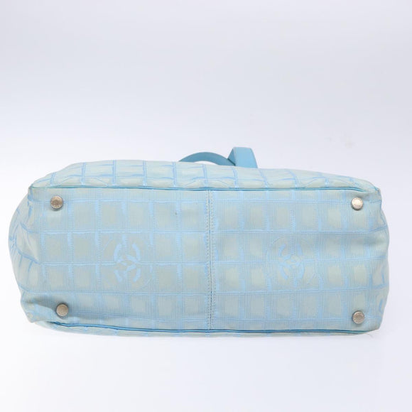 CHANEL New Travel Line Tote Bag Nylon Light Blue Silver CC Auth 141526