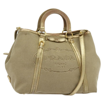 PRADA Logo jacquard Hand Bag Canvas 2way Beige Gold Auth 141533