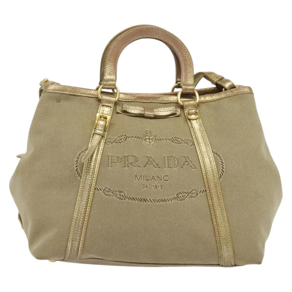 PRADA Logo jacquard Hand Bag Canvas 2way Beige Gold Auth 141533