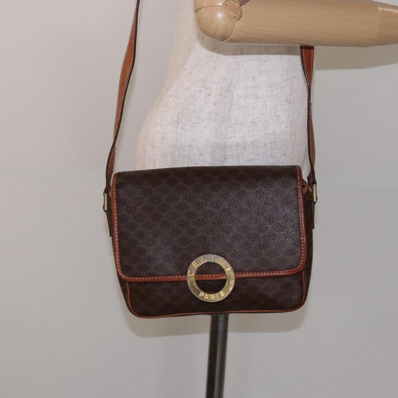 CELINE Macadam Canvas Circle Shoulder Bag PVC Leather Brown Gold Auth 141611