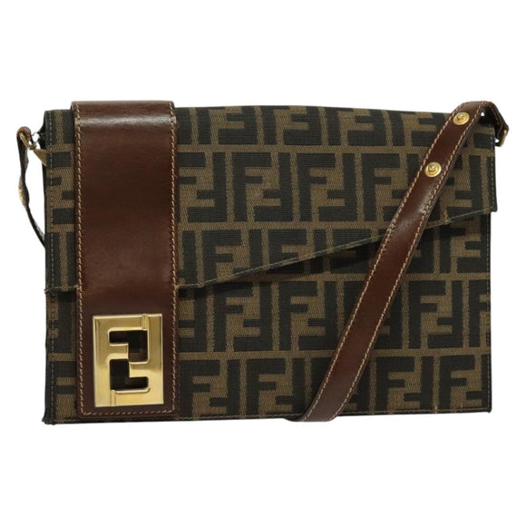 FENDI Zucca Canvas Shoulder Bag Black Brown gold Auth 141634