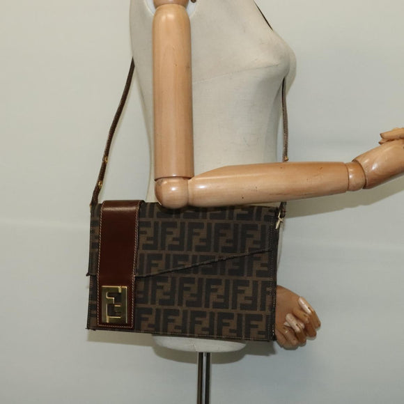 FENDI Zucca Canvas Shoulder Bag Black Brown gold Auth 141634