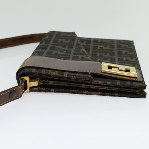FENDI Zucca Canvas Shoulder Bag Black Brown gold Auth 141634