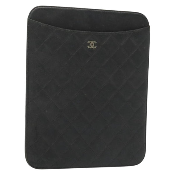 CHANEL Matelasse iPad Case Lamb Skin Black Silver CC Auth 141696