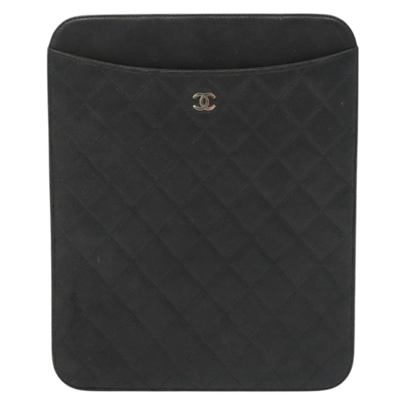 CHANEL Matelasse iPad Case Lamb Skin Black Silver CC Auth 141696
