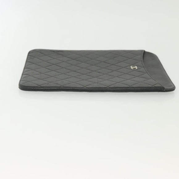 CHANEL Matelasse iPad Case Lamb Skin Black Silver CC Auth 141696
