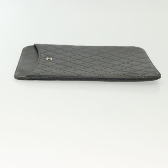 CHANEL Matelasse iPad Case Lamb Skin Black Silver CC Auth 141696