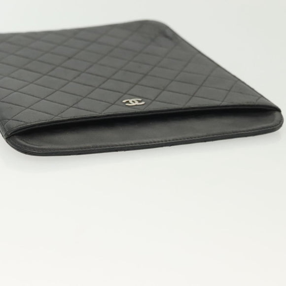 CHANEL Matelasse iPad Case Lamb Skin Black Silver CC Auth 141696