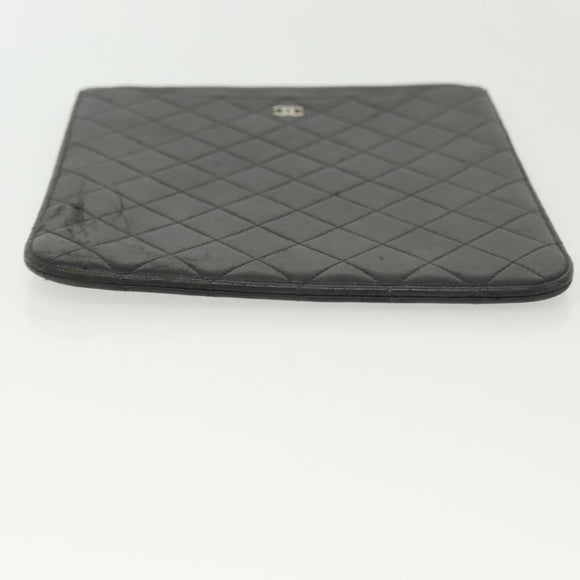 CHANEL Matelasse iPad Case Lamb Skin Black Silver CC Auth 141696