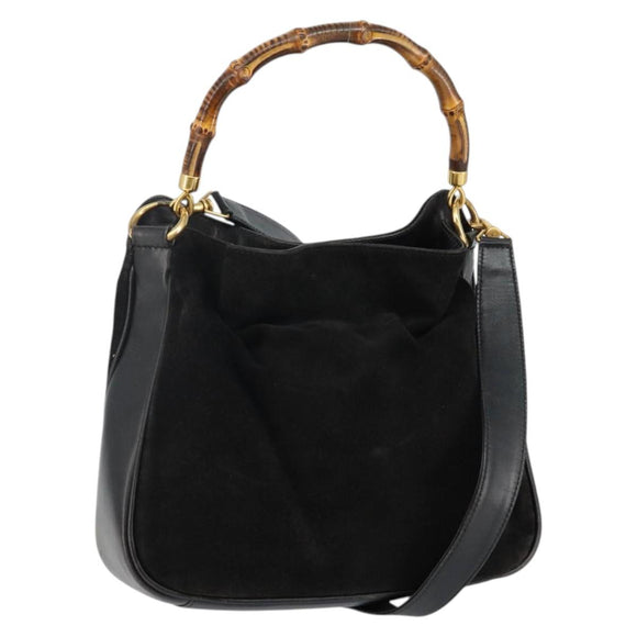 GUCCI Hand Bag Suede Leather 2way Black Gold 001 1732 1638 Auth 141717
