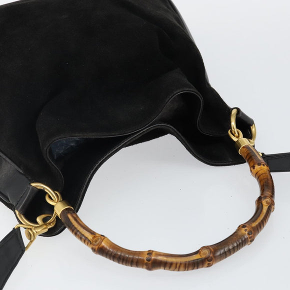GUCCI Hand Bag Suede Leather 2way Black Gold 001 1732 1638 Auth 141717