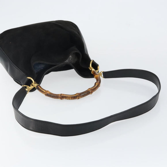 GUCCI Hand Bag Suede Leather 2way Black Gold 001 1732 1638 Auth 141717