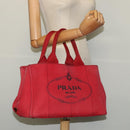 PRADA Canapa MM Hand Bag Canvas Red Gold Auth 141755-22