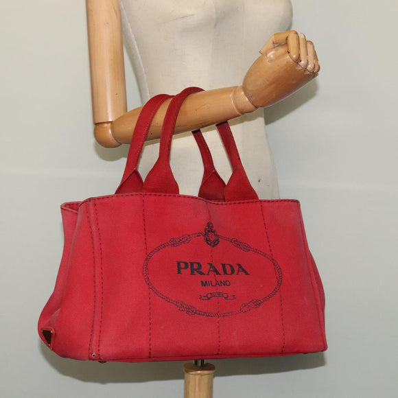PRADA Canapa MM Hand Bag Canvas Red Gold Auth 141755