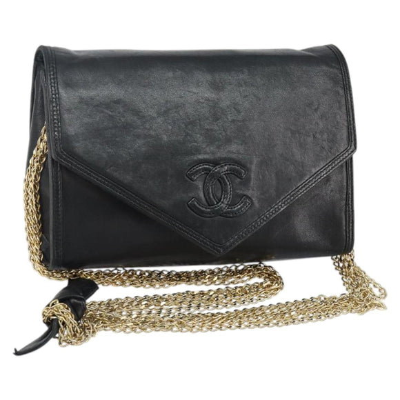 CHANEL COCO Mark Chain Shoulder Bag Lamb Skin Black Gold CC Auth 141762