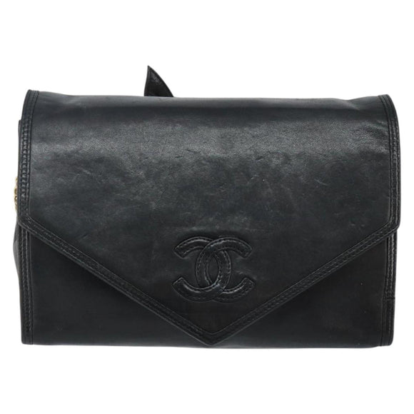 CHANEL COCO Mark Chain Shoulder Bag Lamb Skin Black Gold CC Auth 141762