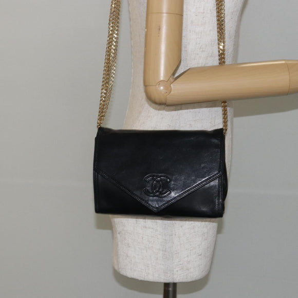 CHANEL COCO Mark Chain Shoulder Bag Lamb Skin Black Gold CC Auth 141762