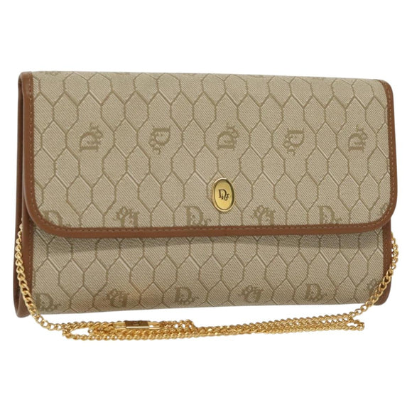 Christian Dior Honeycomb Canvas Chain Shoulder Bag PVC Beige Gold Auth 141763