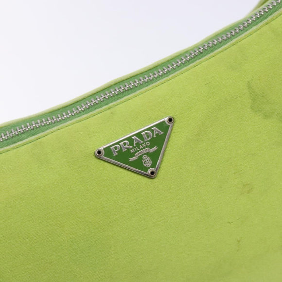 PRADA Accessory Pouch Satin Silver Light green Auth 141804