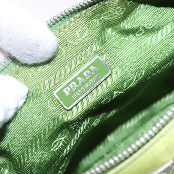 PRADA Accessory Pouch Satin Silver Light green Auth 141804