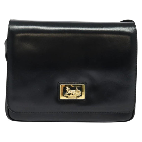 CELINE Horse Carriage Shoulder Bag Leather Navy Gold Auth 141819